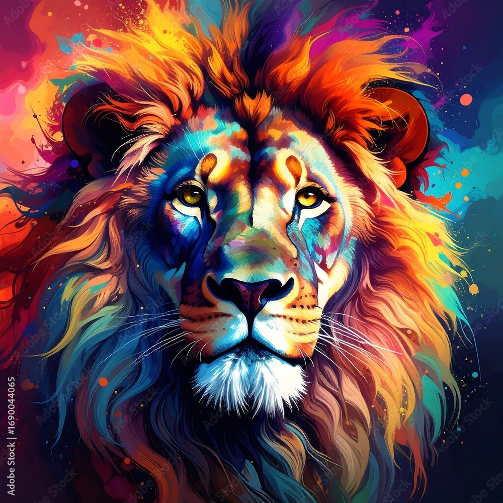 Fototapeta premium Vibrant lion portrait, colorful