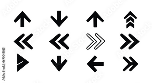 A collection of black arrow icons pointing in various directions, including single, double, and outlined styles, on a white background.