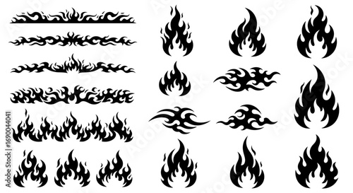 Black Silhouette Different Style Fire Flame Element Illustration Set