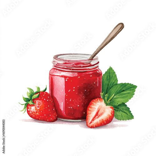 Watercolor Illustration of Strawberry Jam in a Jar with Fresh Strawberries and Mint