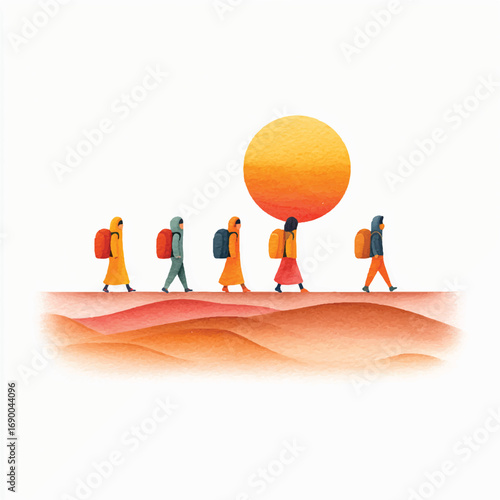 Watercolor Illustration of Travelers Walking Towards the Sunset in Desert