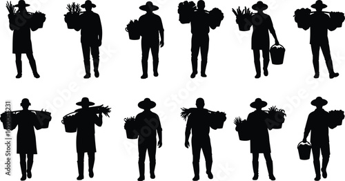 Farmer silhouettes carrying vegetables, harvest workers with baskets, agriculture people, farming lifestyle, food production, rural life, farming illustration design