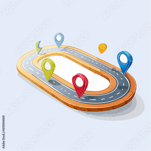 Planning a detailed travel itinerary or strategic business path shown as an oval road with destination pins