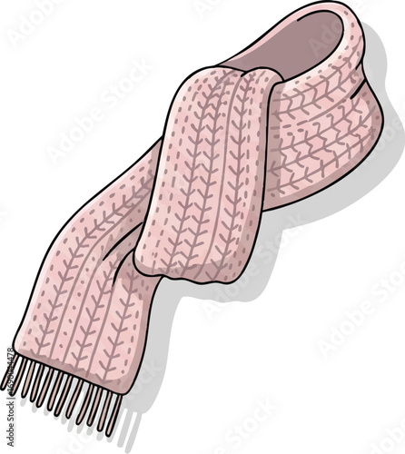 Pink knitted scarf lying diagonally on a white surface, casting a soft shadow, giving a cozy and warm feeling.