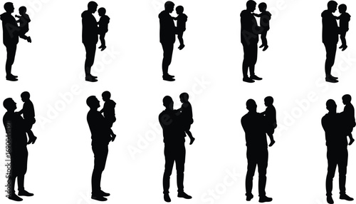 Father holding child silhouette, dad carrying son, parent kid bond, family love illustration, black people silhouette, happy fatherhood moments