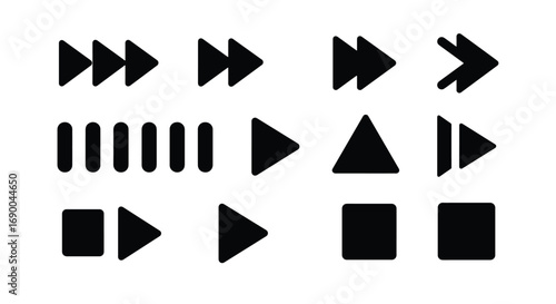 A collection of various black media player control icons including play, fast forward, skip, stop, and pause symbols on a white background.