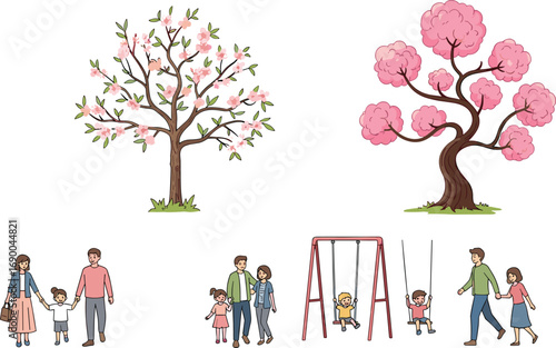 Family walking together, children enjoying swings, parents spending time outdoors, blooming spring trees, happy childhood moments, nature background, family lifestyle illustration