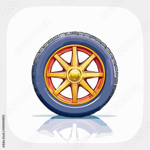 Stylized automobile wheel icon with a golden sunburst rim and vibrant blue tire isolated on a white reflective background