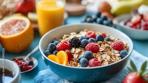 Breakfast table food with hot drink muesli fresh fruits