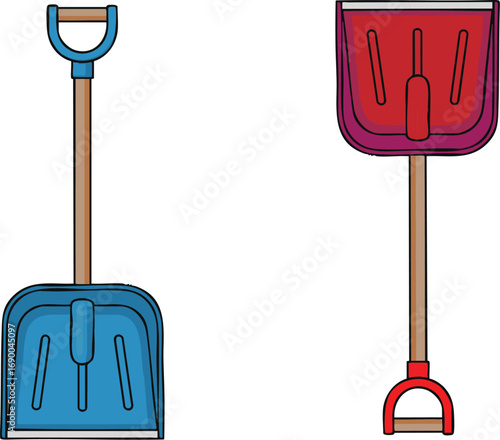 Two colorful snow shovels stand sidebyside against a white backdrop, ready for winter's snowy challenges, evoking a sense of preparedness and anticipation.