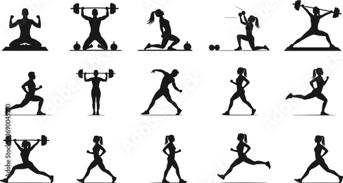 Fitness exercise, gym workout, running, weightlifting, yoga, strength training, bodybuilding, sport silhouettes, healthy lifestyle, athletic training, fitness motivation, wellness