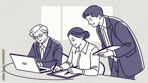 Business people collaborating on project teamwork concept illustration professional team meeting office workers using laptop and tablet.