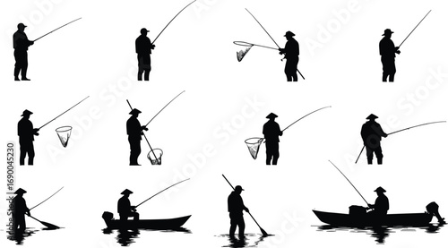 Fishing silhouettes, fisherman with rod, catching fish, fishing boat, river fishing, lake fishing, net catching, outdoor fishing activity illustration