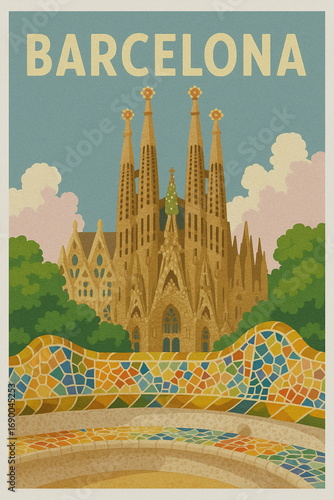 Vintage flat illustration of Barcelona, travel poster with iconic landmarks, warm pastel palette shapes and textures, retro graphic style, perfect for wall art, prints, decor and editorial use.