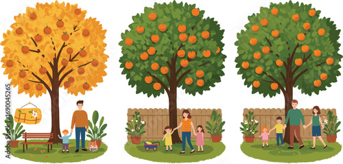 Orange tree illustration, family in garden, children outdoor play, fruit harvest season, backyard lifestyle design, happy parents with kids, natural environment