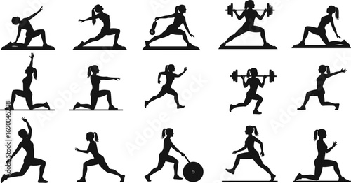Fitness workout, yoga exercise, strength training, weightlifting, running, stretching, gym activity, sport silhouettes, athletic lifestyle, wellness, bodybuilding, health motivation