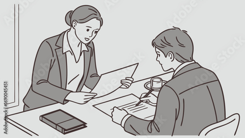 Business people reviewing documents at a meeting table.