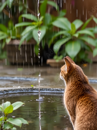 Abyssinian cat watching rain fall into a small flooded garden with fascination