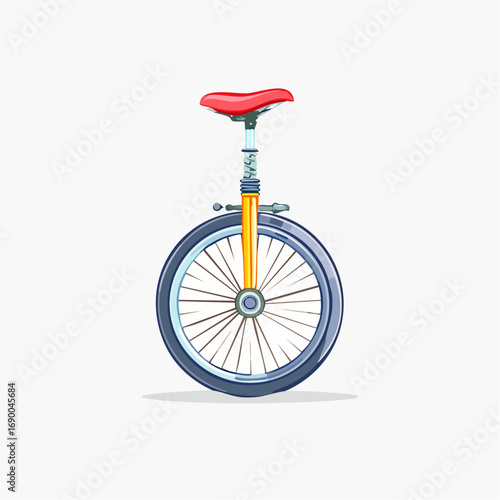 A detailed illustration of a single-wheeled bicycle, also known as a unicycle, featuring a red seat and a silver rimmed wheel