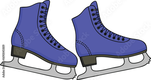 Pair of blue ice skates sitting on white surface ready for winter fun and recreational activity on a cold day.