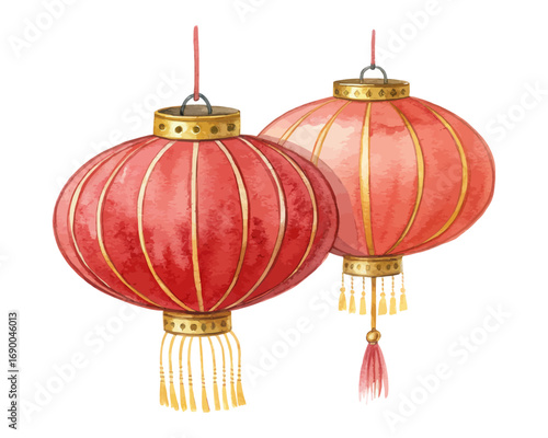 Chinese Red Lanterns Watercolor Illustration with Gold Accents