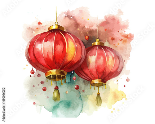 Chinese Red Lanterns Watercolor Illustration with Gold Accents