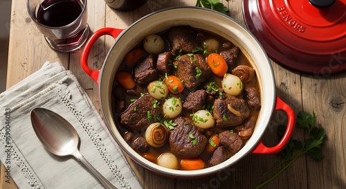 Hearty beef stew simmered in a red enameled cast iron pot, garnished with pearl onions and carrots.