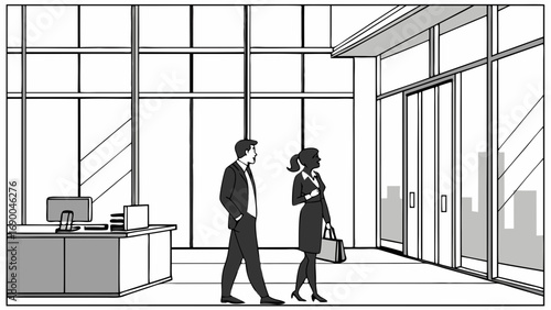 Business professionals in modern office lobby minimalist illustration corporate teamwork contemporary workspace.