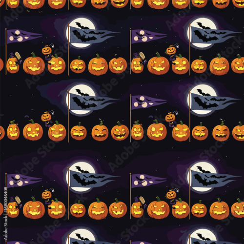Halloween pattern with pumpkins, spooky flags, and moonlit night design, patern seamless, Stock royalty.