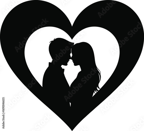 Couple silhouette embracing within heart shape embrace