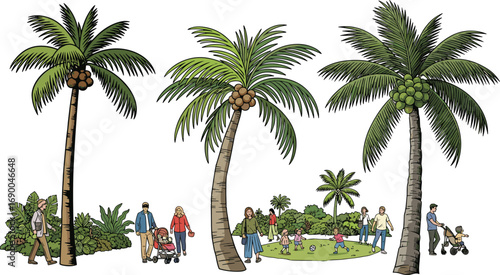 Tropical coconut palm trees, families walking outdoors, parents with children, kids playing in park, summer holiday illustration, relaxing nature background scene