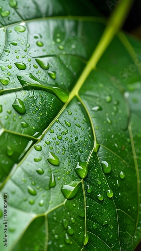 Lush green leaf with water droplets