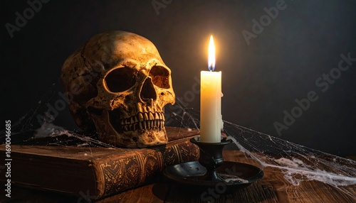 Halloween Skull with Candle, and Antique Book Still Life