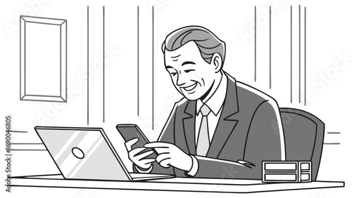 Businessman using smartphone and laptop at desk working communication technology office professional digital modern connection mobile internet computer businessman at work man working office worker d.