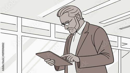 Businessman using tablet computer in office corridor illustration.