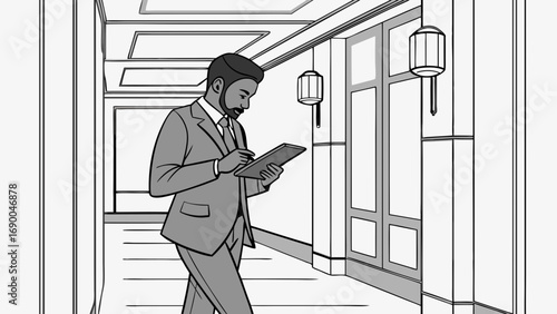 Businessman using tablet in hallway grayscale illustration professional modern office elegant interior design.