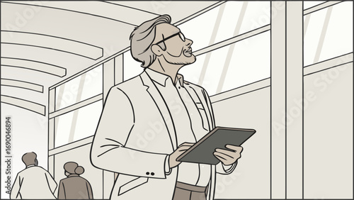 Businessman using tablet in modern building looking up thoughtful expression digital device professional corporate success planning strategy future innovation technology architecture design office ha.