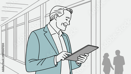Businessman using tablet modern office illustration digital device professional happy corridor indoor technology communication connection work lifestyle corporate success confident productivity effic.