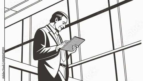 Businessman using tablet modern office digital technology black and white illustration.