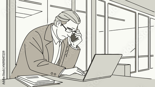 Businessman working on laptop and phone call serious expression office illustration vector art.