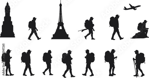 Hiking silhouette, traveler with backpack, tourist walking, airplane travel vector, Eiffel Tower illustration, adventure journey clipart, outdoor lifestyle exploration, black man