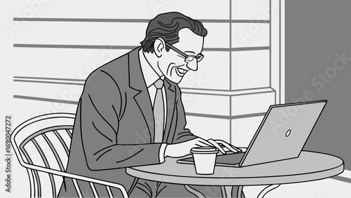 Businessman working on laptop at cafe freelance remote work coffee break professional adult man illustration grayscale drawing sketch design element office technology computer internet online communi.