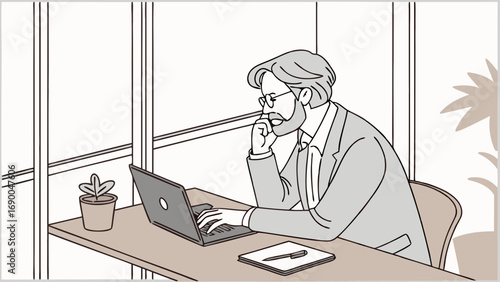 Businessman working on laptop office illustration thoughtful expression modern workspace design.