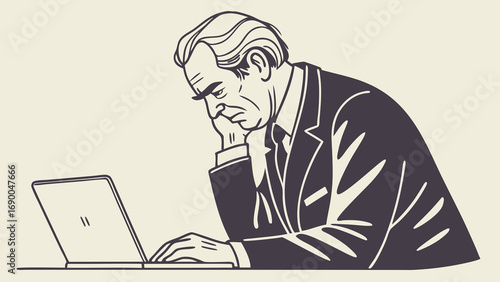 Businessman working on laptop pensive expression serious thoughtful concentrated problem solving office work tired frustrated worried stress businessman illustration vector art graphic design busines.