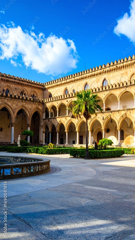 Fototapeta premium Sunny courtyard with arches and palm trees