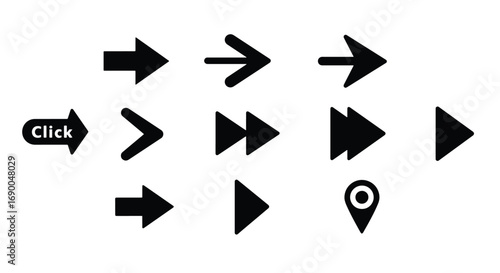 Collection of various black directional arrows and a location marker on a white background.