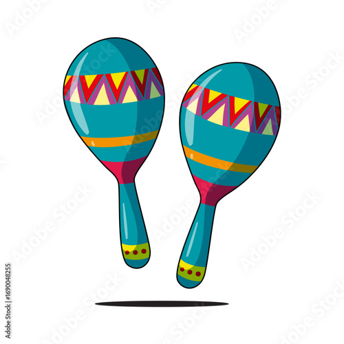 A vibrant illustration of two colorful maracas with tribal patterns, isolated on a white background.
