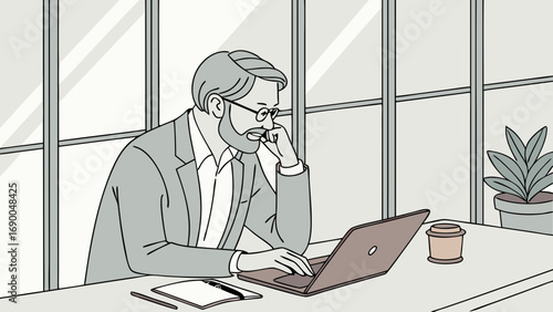 Businessman working on laptop thoughtful expression office illustration simple line art desk workspace modern design professional concentration pensive mood gray tones minimalist style business conce.