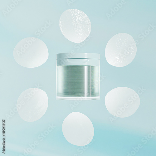 Cylindrical Plastic skincare Jars With Tweezers mockup, collagen moisturizing facial toner cotton pads packaging, blue Cream jar with Flip Cap cosmetic container, korean beauty skincare product