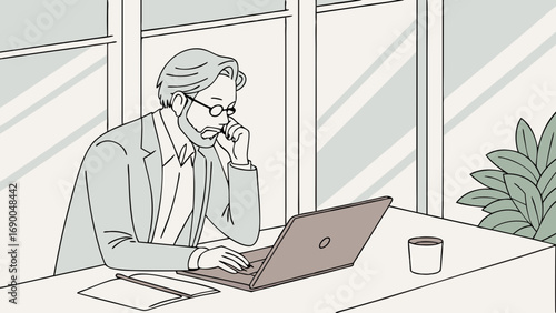 Businessman working on laptop thoughtful expression office illustration minimalist design.